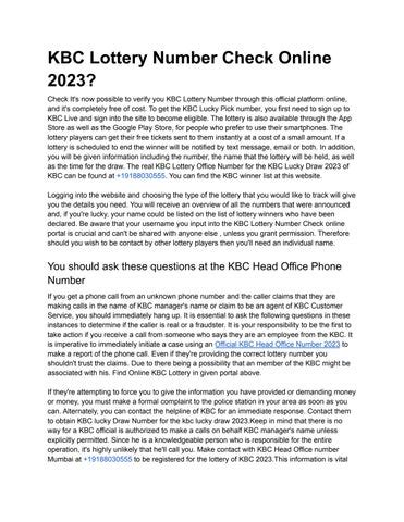 KBC Lottery Number Check Online 2023:.